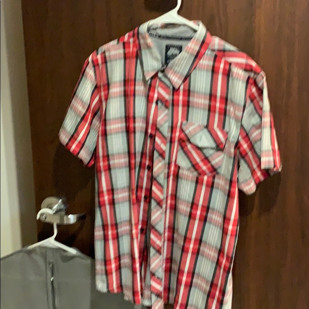Red black grey plaid short sleeve button up